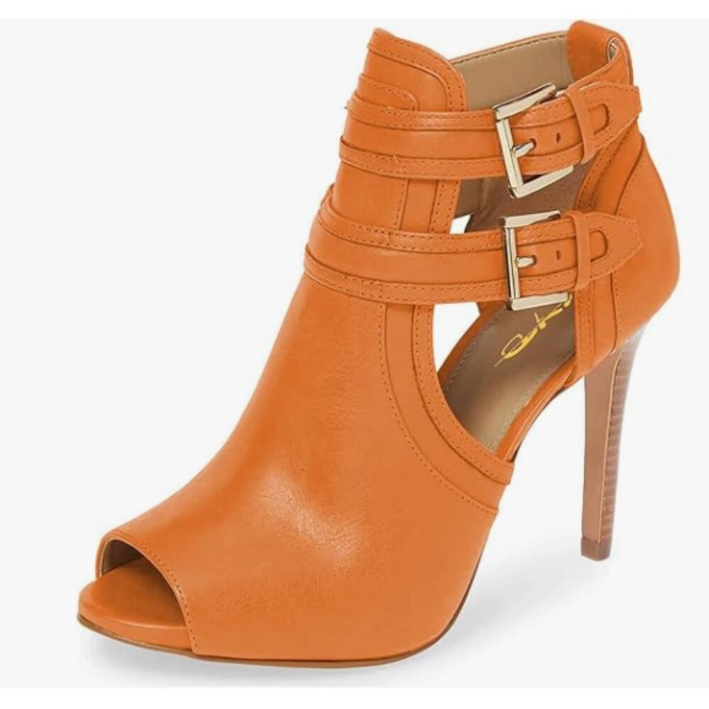 XYD Dark Orange Peep Toe Ankle Boot High Heel Buckled Double Straps Cutout Shoe - Picture 1 of 8